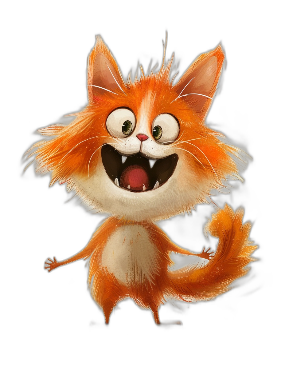 A cute orange cat with big eyes and an open mouth, in the style of Pixar, in a full body shot against a black background with a cartoon character design in high definition.