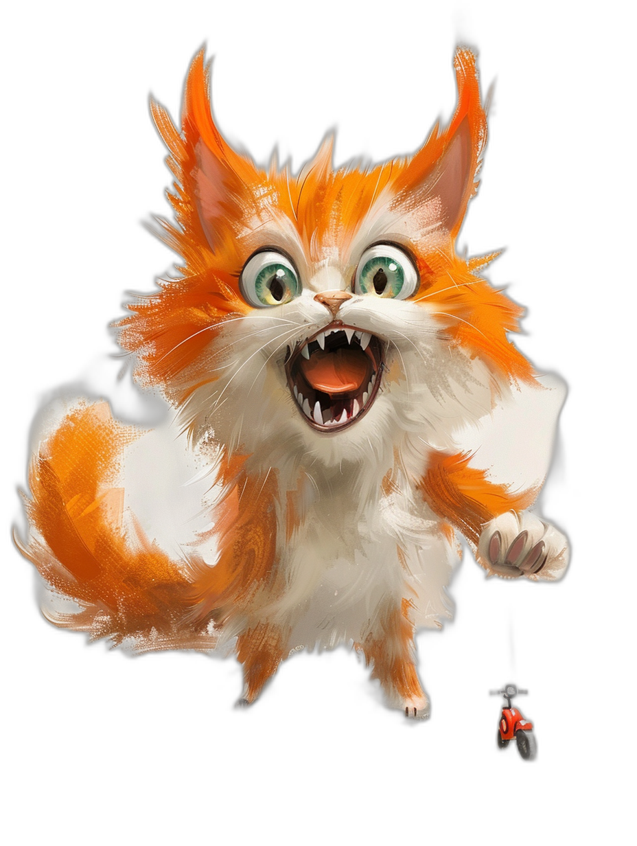 character design of an orange and white cat with large expressive eyes, big teeth, in a playful pose, on a black background, concept art in the style of Pixar studio, cartoon digital painting, a cute little ladybug nearby, a wide angle shot, long hair in the wind, a cute character illustration, a 3d render, using unreal engine, with octane rendering, volumetric light, bright colors