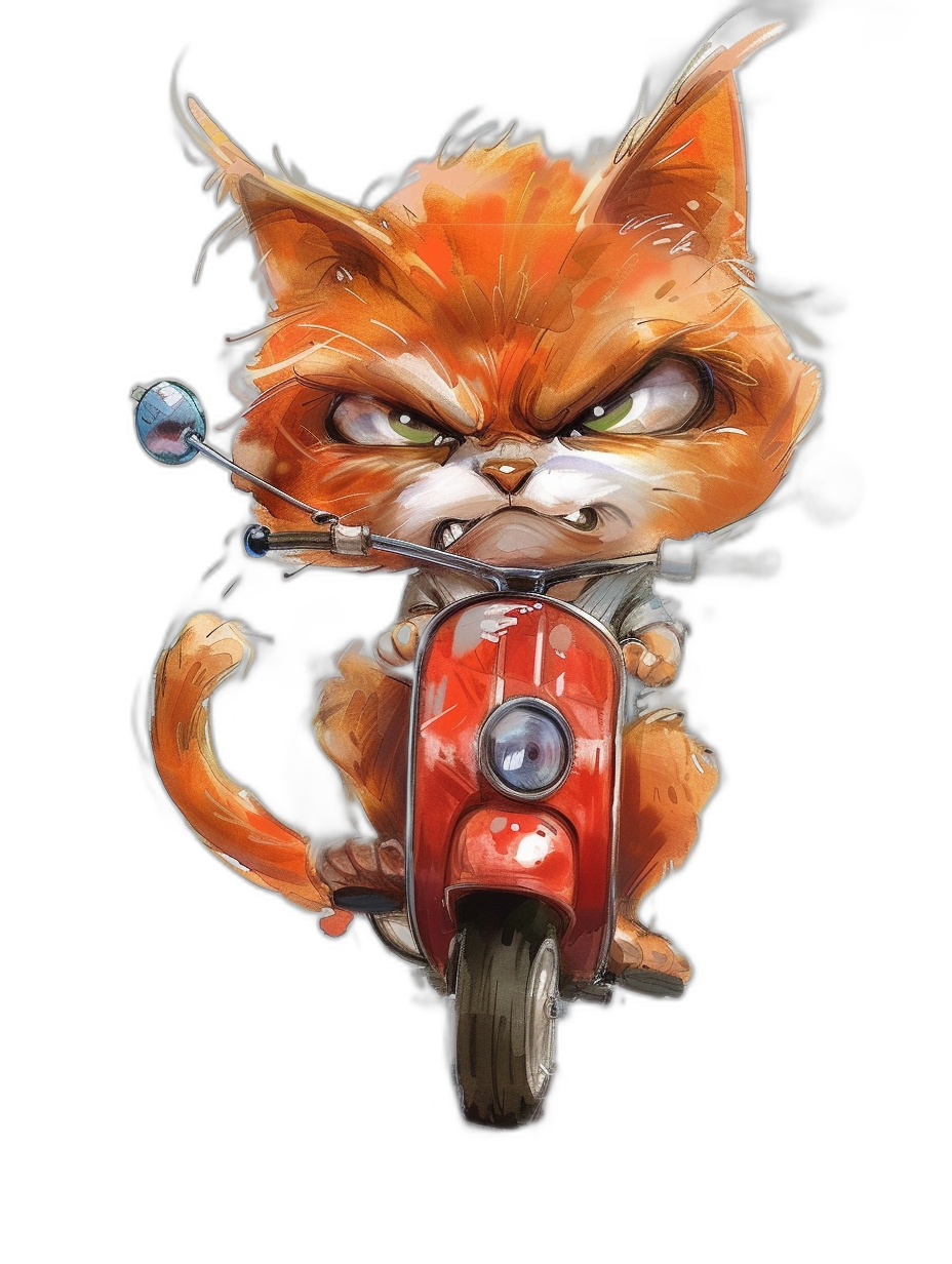A cute red cat with an angry expression rides on the scooter in the style of cartoon, digital art, black background.