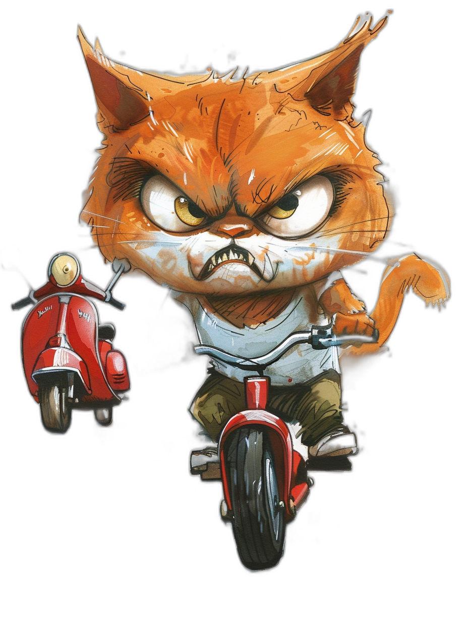 A cute orange cat, angry and grumpy riding on an old red moped wearing a white t-shirt with dark green shorts. Character design in the style of [Ralph Steadman](https://goo.gl/search?artist%20Ralph%20Steadman) in the style of digital illustrations, black background, digital art, 2D game art.