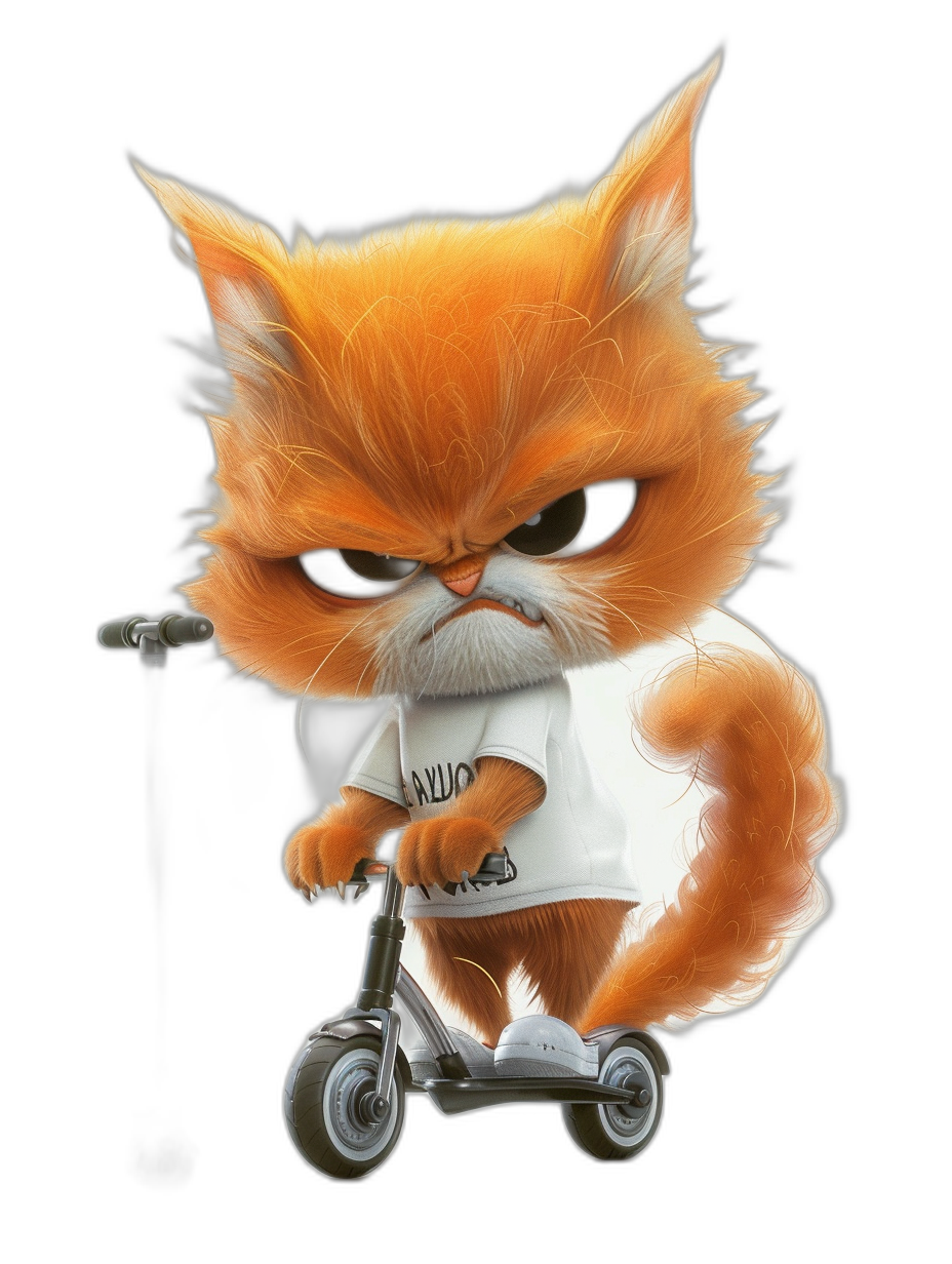 grumpy orange cat wearing a white t-shirt, riding a scooter with a black background in the style of Pixar animation, cartoon style, high resolution image with clear and sharp focus