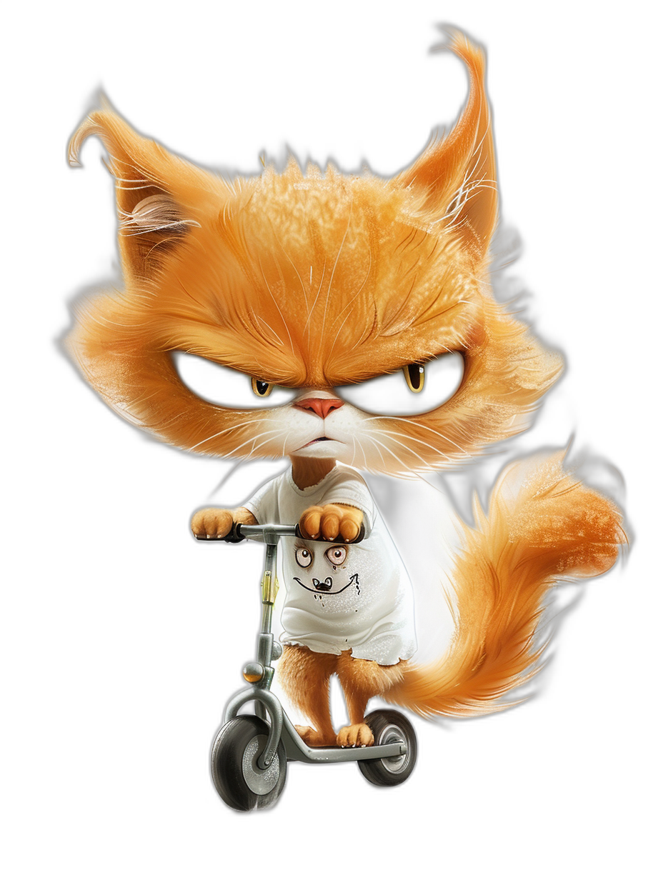 A cute cartoon orange cat with an angry expression, wearing a white t-shirt and riding a scooter on a black background, in the style of caricature.