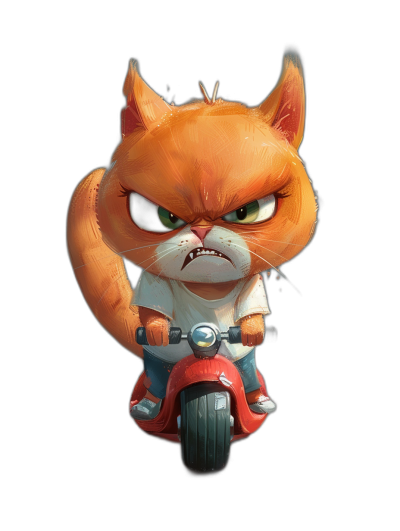 grumpy orange cat character on scooter, angry face, casual game art style like in the style of good unreal blizzard games, simple design, solid black background, artstation style