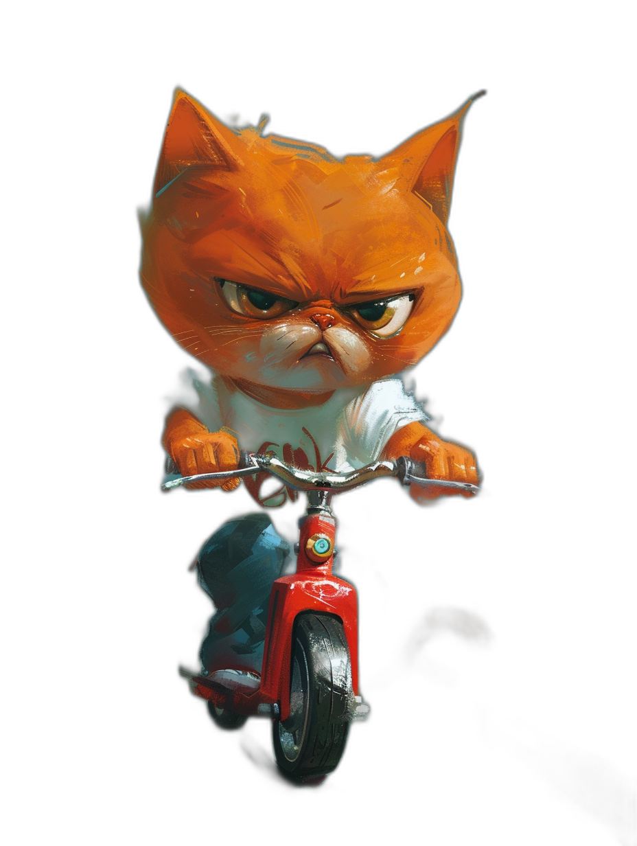 orange cat character with an angry expression riding on a red scooter with a black background, concept art in the style of Pixar and [Atey Ghailan](https://goo.gl/search?artist%20Atey%20Ghailan)