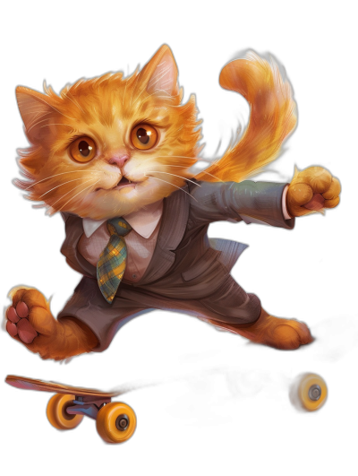 Illustration of a cute ginger cat in a suit and tie, riding on a skateboard against a black background, in high definition.