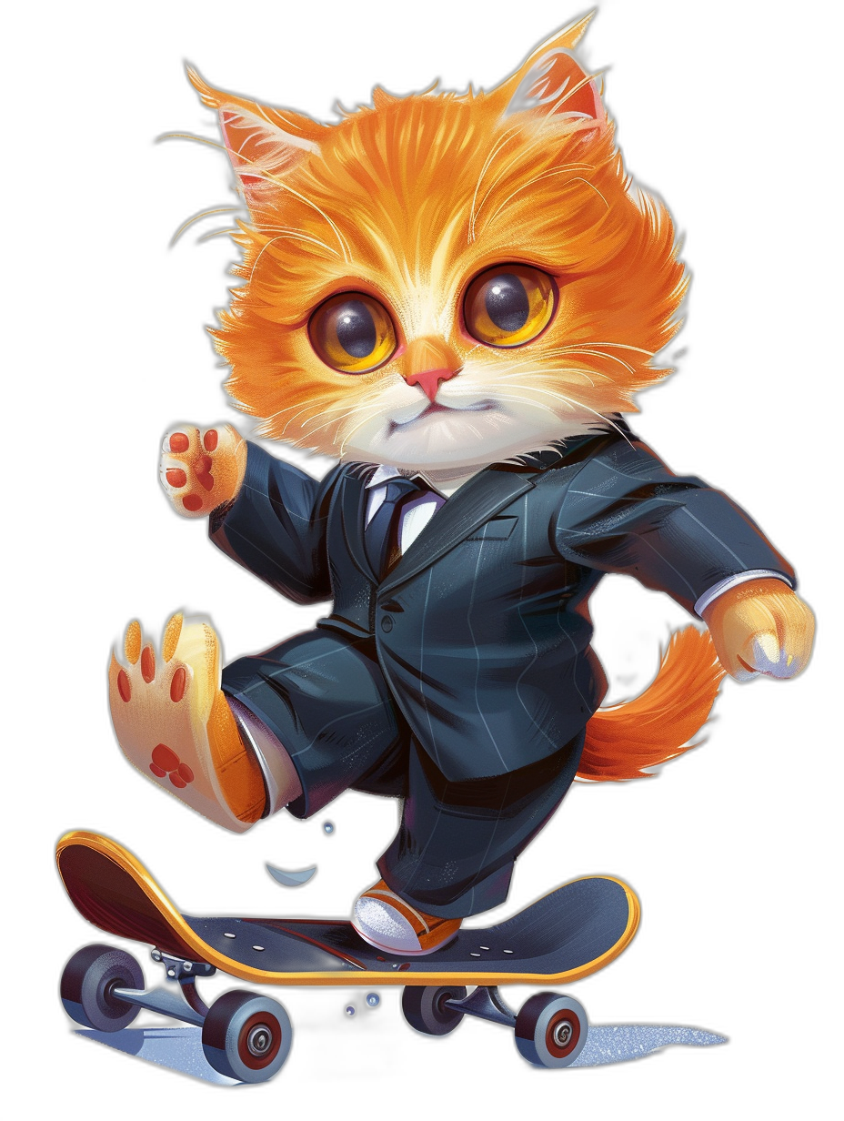 A cute orange cat in a suit is riding on a skateboard against a black background in the style of chibi with colorful cartoon details and a hyper-realistic illustration style with a bold character design showing a full body portrait.