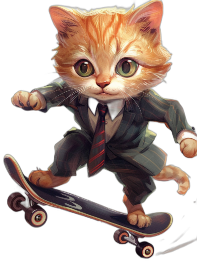 Cute cat in suit and tie riding skateboard, in the style of anime, black background, vector art, in the style of cartoon, digital painting, high resolution, high detail, high quality