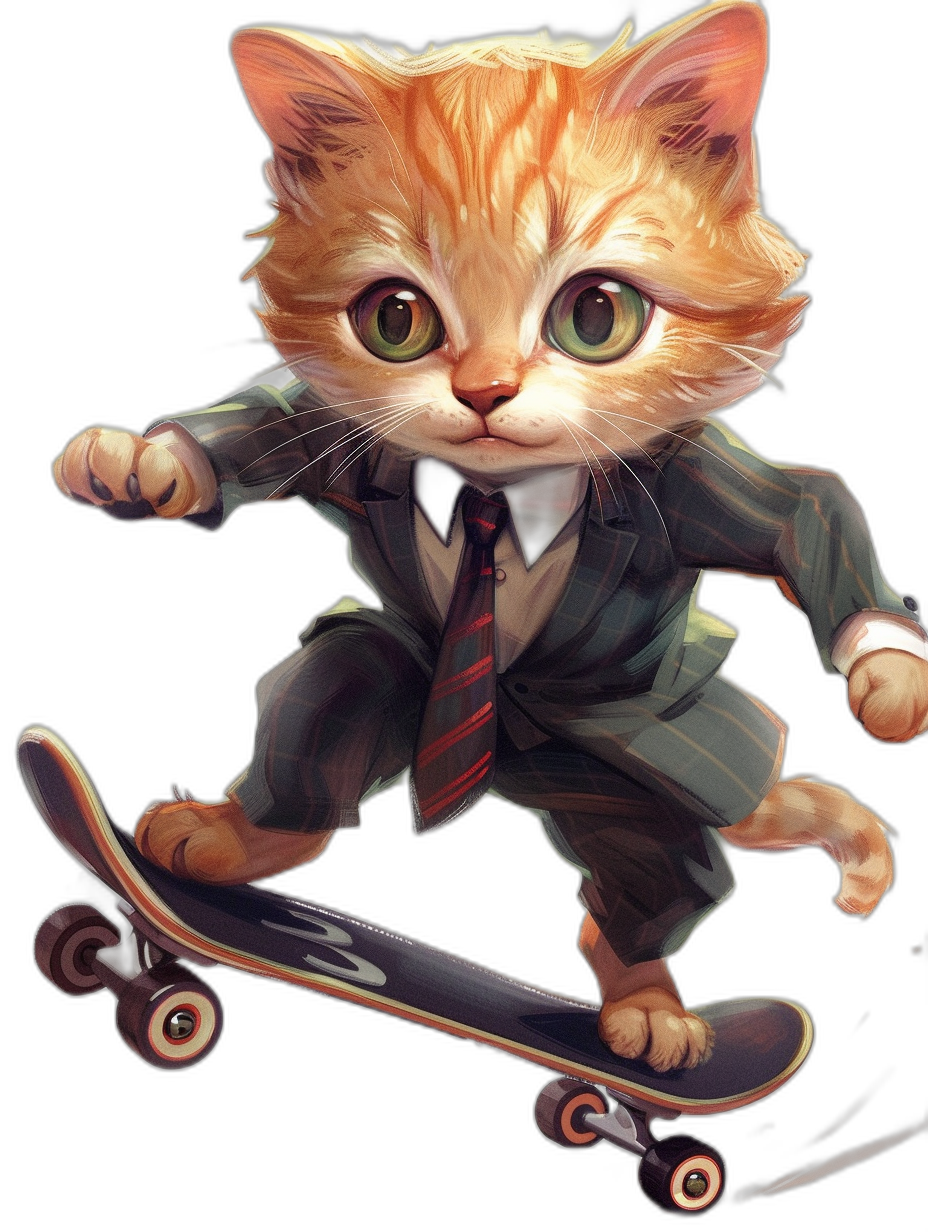 Cute cat in suit and tie riding skateboard, in the style of anime, black background, vector art, in the style of cartoon, digital painting, high resolution, high detail, high quality