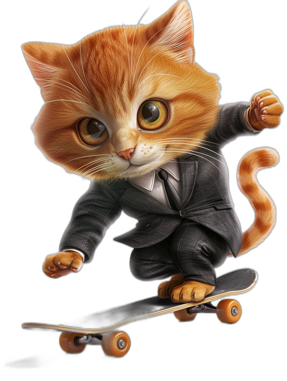 digital art of a cute kitten, wearing a suit and riding on a skateboard against a black background with big eyes, looking happy in natural lighting in the style of a telephoto lens.