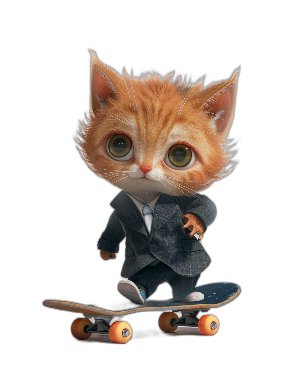 A cute little orange cat in a suit is skateboarding, with a black background and in the style of 3D rendering. The cartoon character has big eyes and long eyelashes, wearing fashionable . It stands on the skateboard facing forward, with high-definition resolution.