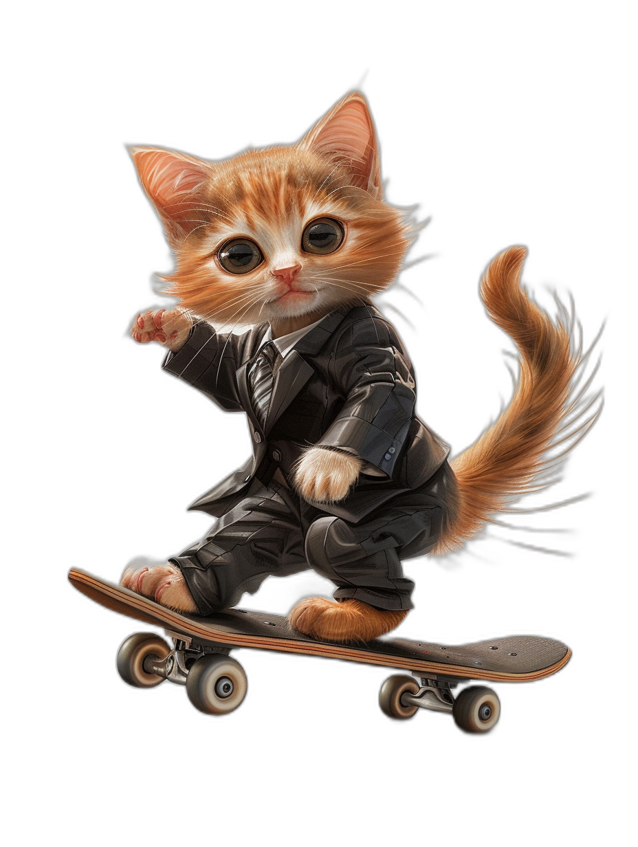 Cute kitten wearing a suit riding on a skateboard in the style of a cartoon on a black background, detailed digital art of the kitten wearing  with a cool cat character design as a furry feline concept art piece at a high resolution and with high detail in a hyper realistic yet cute and adorable style.