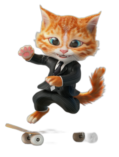 a cute red cat in suit, riding on skateboard, cartoon style, black background, 3d rendering, pixar character, big eyes, smile face, highly detailed, front view, full body shot, head to toe, high resolution, high quality