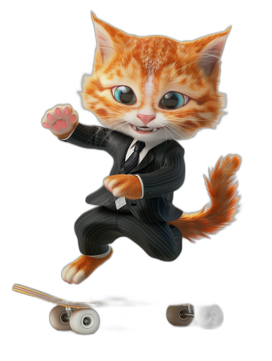 a cute red cat in suit, riding on skateboard, cartoon style, black background, 3d rendering, pixar character, big eyes, smile face, highly detailed, front view, full body shot, head to toe, high resolution, high quality