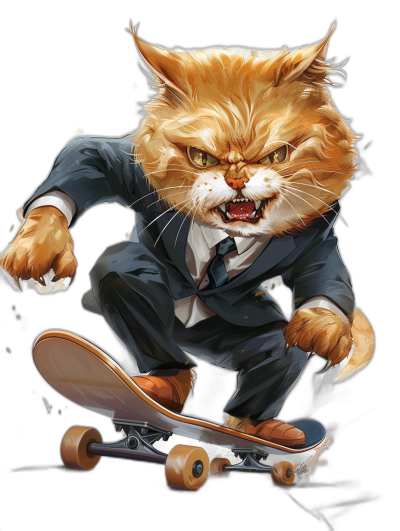 realistic digital illustration of an angry ginger cat in suit and tie, riding on skateboard, black background, by portraits and fashion photography, Cinematic lighting, 20 megapixels, sharp focus, high resolution