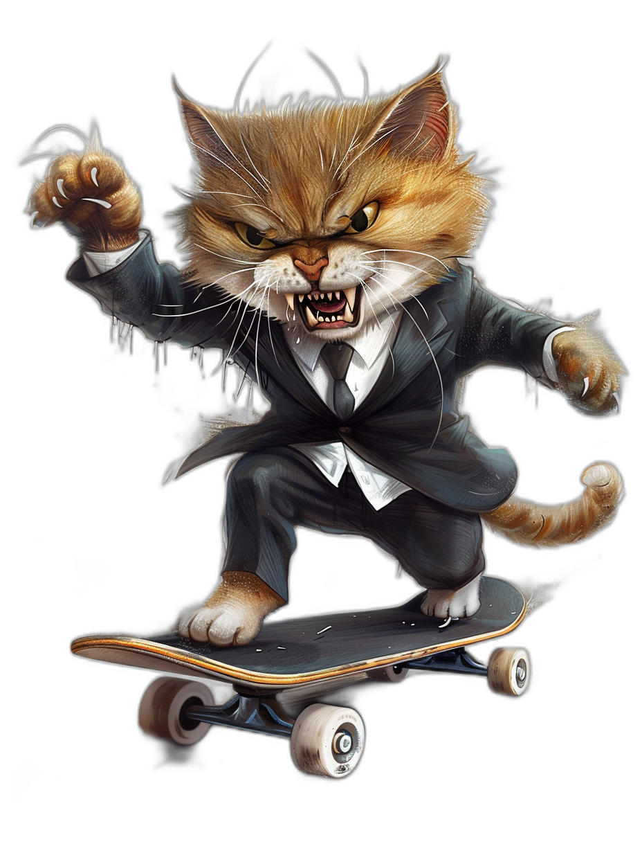 realistic digital illustration of an angry cat in suit riding on skateboard, black background, full body portrait, cool and cute style, high resolution