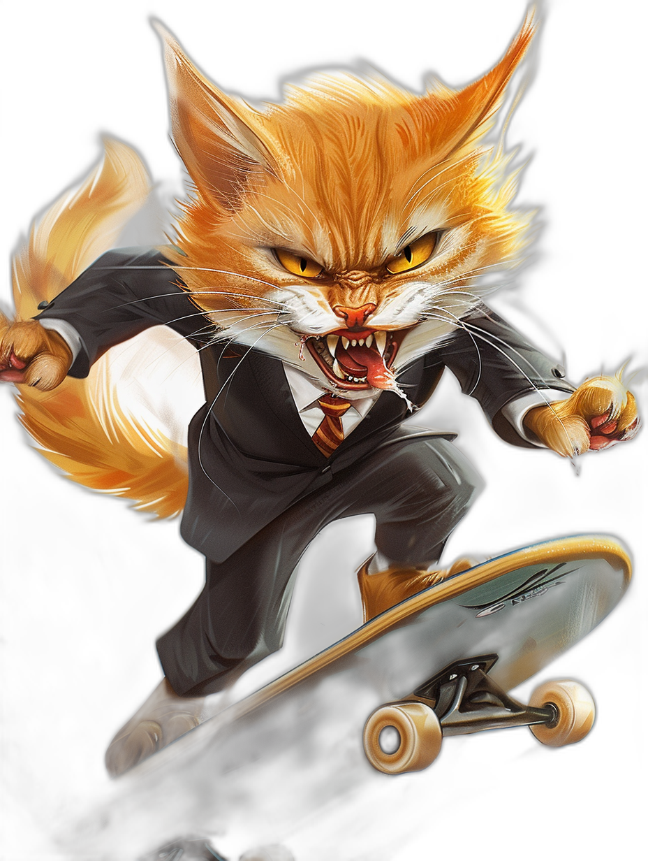 A digital illustration of an angry orange cat in a business suit and tie riding on top of a skateboard, with a black background, in the style of fantasy art. It is a cute cartoon character portrait of the cat with short fur, shown in a full body shot. Concept art in the trending Pixiv fanbox style.