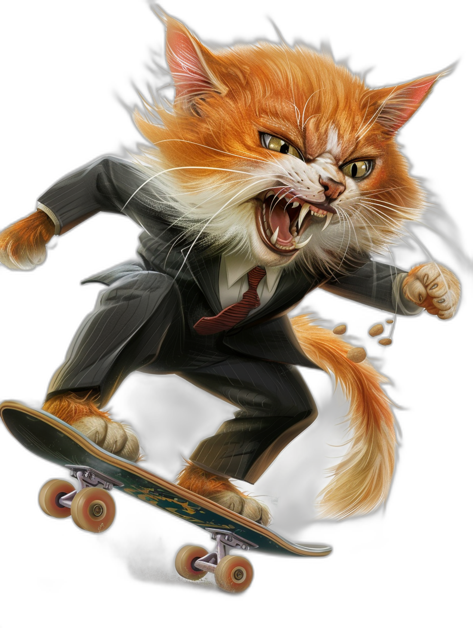 angry ginger cat in suit riding on skateboard, vector art by [Lilia Alvarado](https://goo.gl/search?artist%20Lilia%20Alvarado) and [Artgerm](https://goo.gl/search?artist%20Artgerm), black background, hyper detailed, hyper realistic, hyper colored, hyper detailed, high resolution