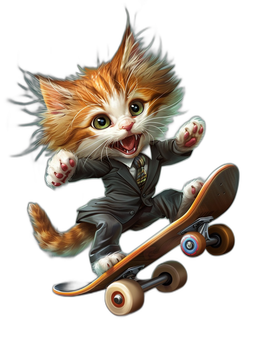 digital art of a cute kitten, wearing a suit and striking a cool pose with a skateboard in hand against a black background, looking happy and funny.