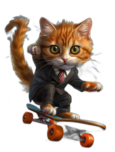 Cute cat in a suit riding on a skateboard, in the style of digital art, black background, highly detailed