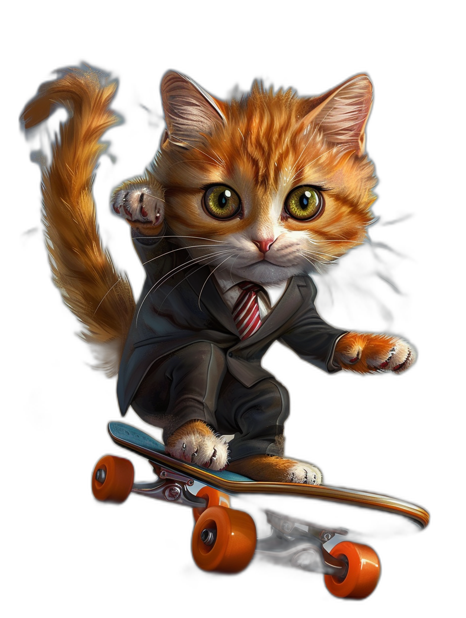 Cute cat in a suit riding on a skateboard, in the style of digital art, black background, highly detailed