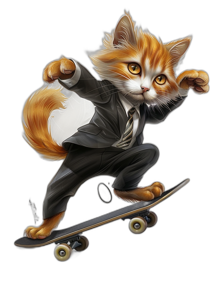 realistic cartoon cat in suit, riding on skateboard, black background,