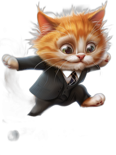 A cute orange cat in a suit, flying and doing martial arts kung-fu moves on a black background in the style of Disney style cartoon character. The digital art is in the style of Pixar studio, with a cute face with big eyes. The cute little feline is smiling at the camera with detailed fur texture and an adorable expression. The colorful, high resolution digital artwork uses octane render for a beautiful fantasy concept with a full body portrait.