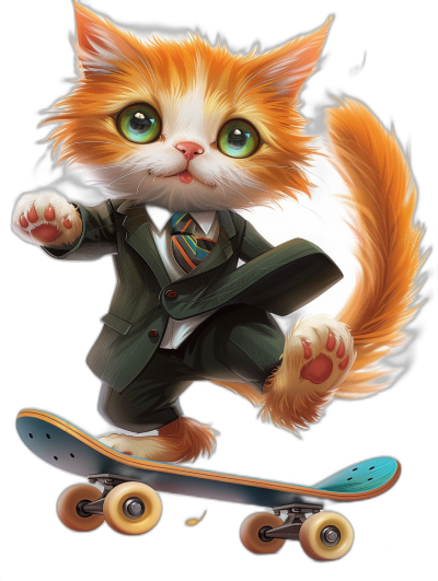 A cute orange cat with green eyes is riding on the skateboard, wearing school uniform and tie. The cartoon character has an exaggerated expression of joy in his face, with detailed fur texture that captures its playful nature. He's dressed in professional attire for business work or study, showcasing feline charm against a black background. His tail sways behind him as he rides the board skillfully. T-shirt design graphic, vector, contour, white background.