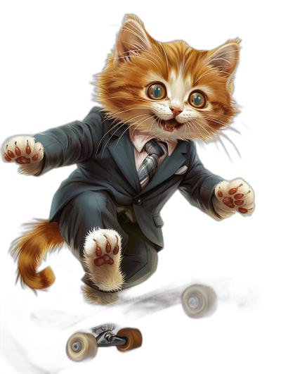 digital art of a cute kitten, wearing a suit and tie, riding on a skateboard against a black background, in a full body shot, with flying hair in the style of the Gusto cat character, and with blue eyes