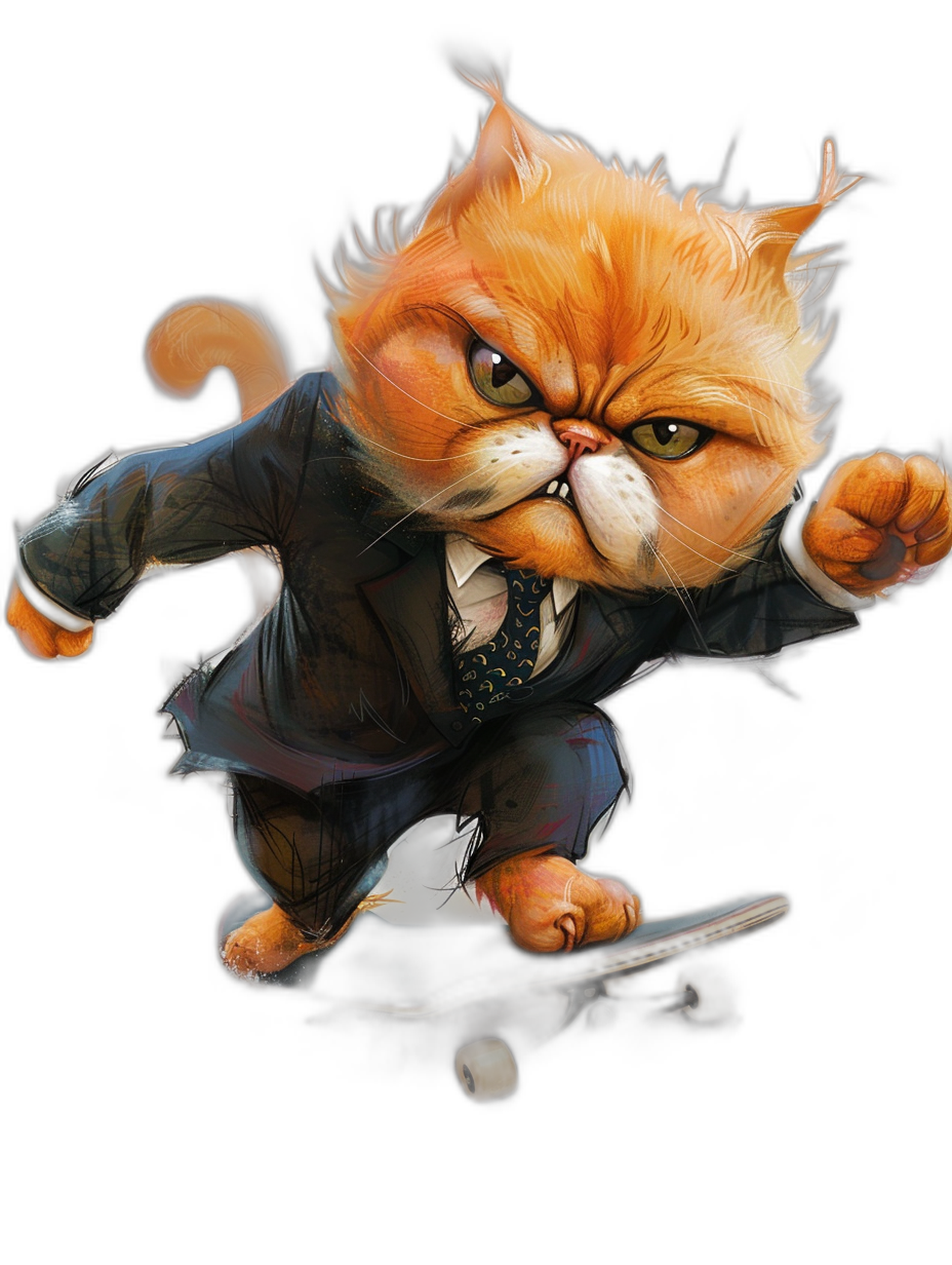 t-shirt design, Character concept of an angry ginger cat in business suit and tie riding on skateboard , black background, detailed painting, art by [Greg Rutkowski](https://goo.gl/search?artist%20Greg%20Rutkowski)