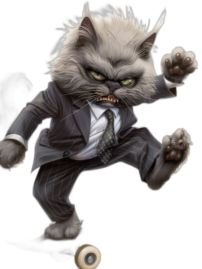 A full body realistic illustration of an angry grey cat in a suit, riding on top of a skateboard, isolated on a black background, with a detailed character design featuring sharp lines and deep shadows, created in the style of digital painting techniques with intricate brushwork for a high-resolution rendering. The mood is intense and dramatic, with exaggerated facial expressions conveying both anger and excitement.