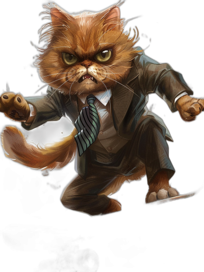 A very angry orange cat in a suit and tie is running in the style of [Tiago Hoisel](https://goo.gl/search?artist%20Tiago%20Hoisel), in a caricature-like, playful style.