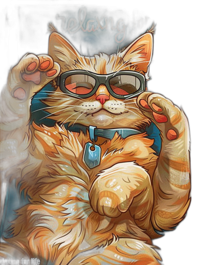 A t-shirt design of an orange cat wearing sunglasses and holding up his hand with the word "relaxing for life" on it, in the style of vector art, sticker print, hyper-realistic illustrations in the style of [Tony DiTerlizzi](https://goo.gl/search?artist%20Tony%20DiTerlizzi), on a dark black background, in a cartoonish realistic style.