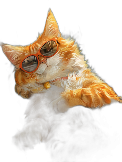 digital art of cool and fat orange cat , wearing sunglasses, black background , chill expression , cute , painting with light brush strokes