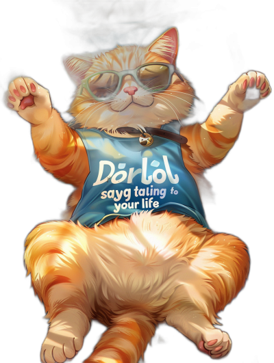 A fat orange cat wearing sunglasses and a t-shirt with text "Dorabcu is saying something to your life", lying on its back with its legs in the air, in the style of anime.