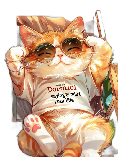 A smiling cat wearing sunglasses and a t-shirt with text "Dorminkol saying to relax your life", sitting on a chair in the style of anime.