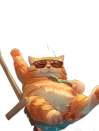 A cute orange cat wearing sunglasses is lying on an aerial chair, with one paw hanging over the edge and waving its other paw forward. The background color should be black to highlight the character's body shape. Anime style, cartoon illustration, high resolution, high detail, high quality, high definition, high contrast, high dynamic range. Aerial perspective.