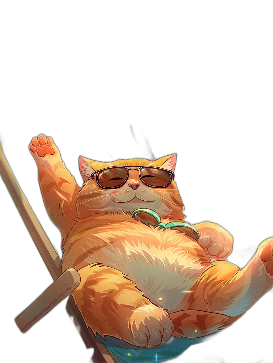 A cute orange cat wearing sunglasses is lying on an aerial chair, with one paw hanging over the edge and waving its other paw forward. The background color should be black to highlight the character’s body shape. Anime style, cartoon illustration, high resolution, high detail, high quality, high definition, high contrast, high dynamic range. Aerial perspective.