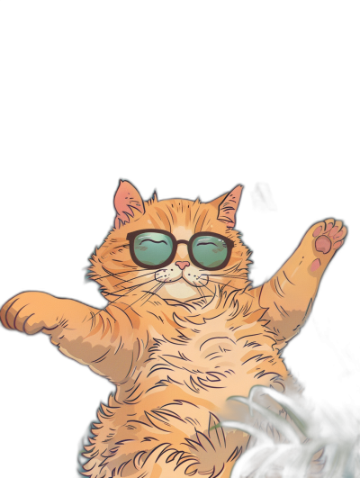 digital art of a cute and fat orange cat, wearing sunglasses, hand up in the air doing a gangster pose with a black background, minimal style, chill and funny in the style of minimal style.