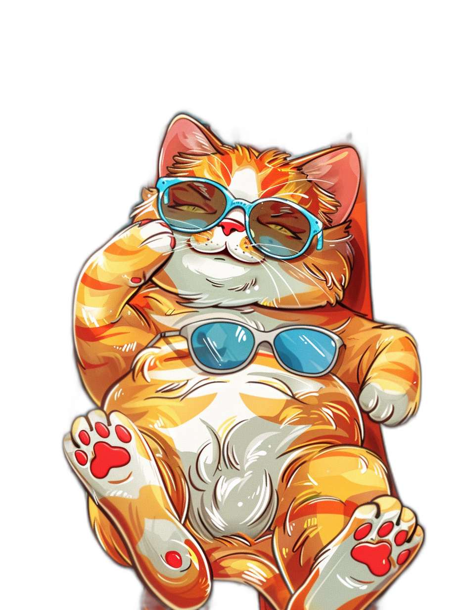 vector design of an orange fat cat wearing sunglasses, sitting in the sun on his back chair with paws outstretched and cartoon style, isolated black background, contoured at t-shirt design vector for print, 2d art vector, cartoon style