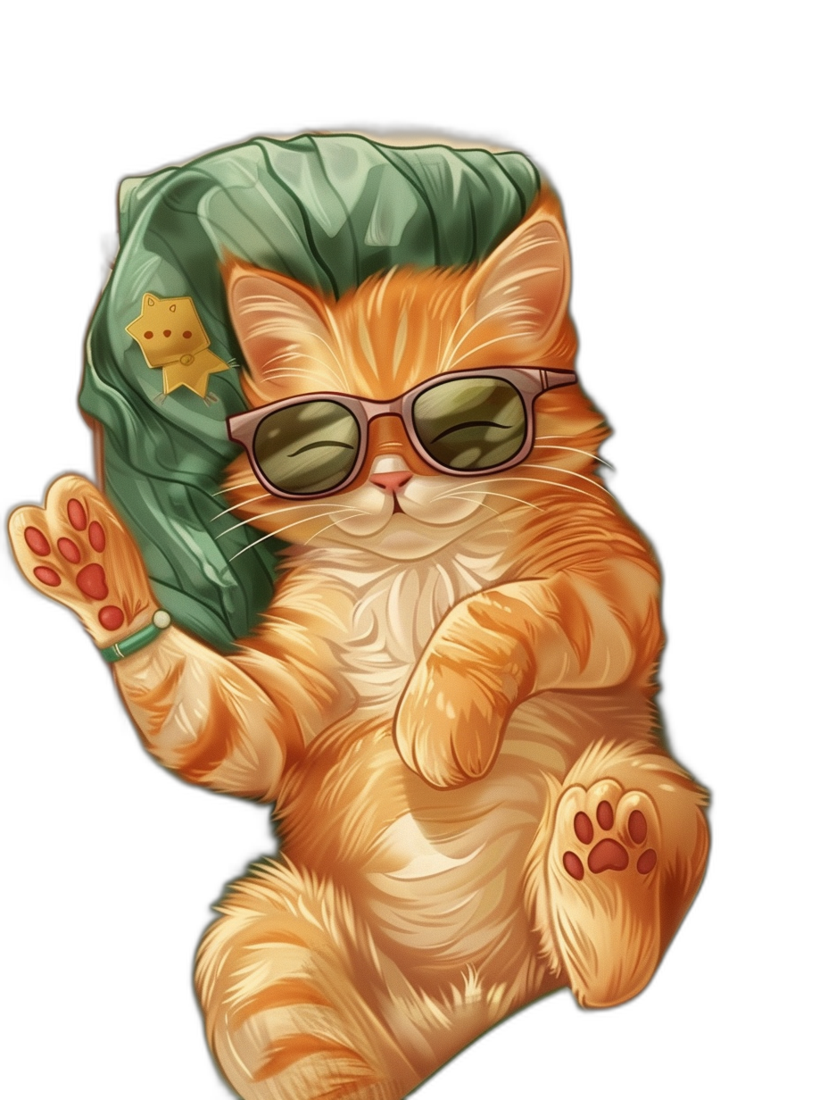 digital art of a cute and fat orange cat wearing sunglasses, holding a green pillow, one paw up in the air against a black background in the style of a cartoon.