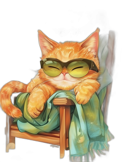 digital art of a cute and fat orange cat, sitting on a wood chair in front of a black background, in the style of minimal style. The cat has a chill happy smile and feels relaxed. It has white fur and is drawn in the style of lofi anime, using pastel colors. The cat is wearing a dark blue t-shirt and yellow sunglasses, with a turquoise blanket.