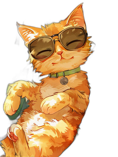 digital art of cute and fat orange cat , wearing sunglasses with green collar, black background , chill smile , holding his belly, in the anime style by [Studio Ghibli](https://goo.gl/search?artist%20Studio%20Ghibli)