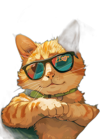 digital art of cute and fat orange cat , wear sunglasses with green ribbon around neck, black background , chill expression , holding one paw up to the camera for p rap photo shoot