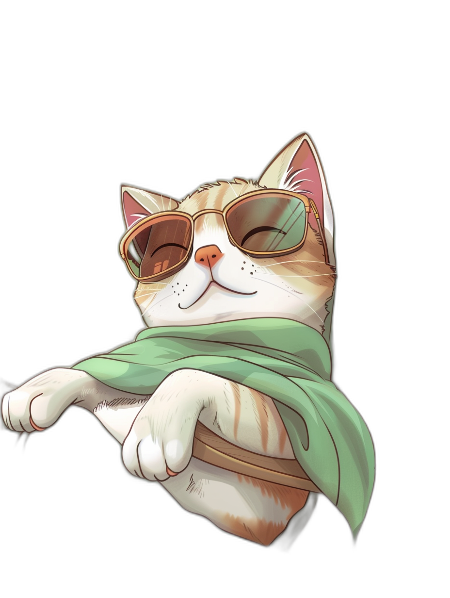 digital art of cute and fat cat , wear sunglasses with green scarf, chill out pose, black background , minimal style