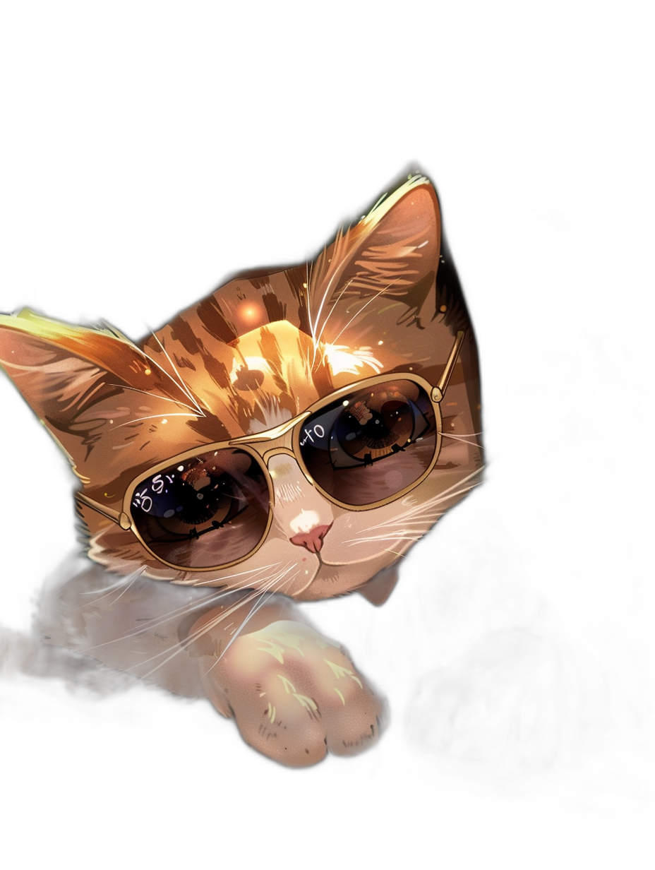 digital art of cute kitten , wear sunglasses, black background , playful character designs , cat is looking at the viewer , reflection on surface ,chilling happy and funny