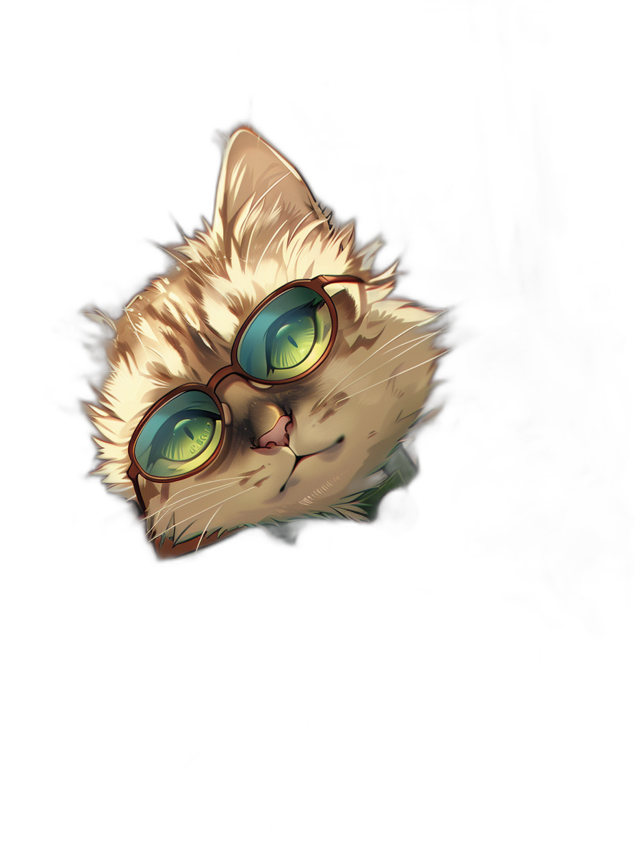 A cute cat with big glasses in the style of rossdraws, cartoon style, on a black background, digital art, vector illustration, digital painting, high resolution