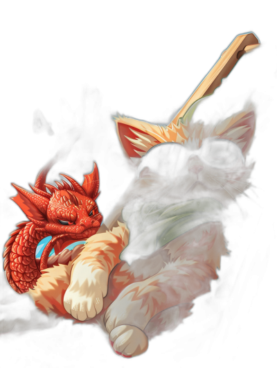 digital art of a cute kitten wearing sunglasses with a red dragon on its shoulder in the style of horizon against a black background, wearing a green scarf and holding a wooden sword in its hand with cinematic lighting, character design sheet