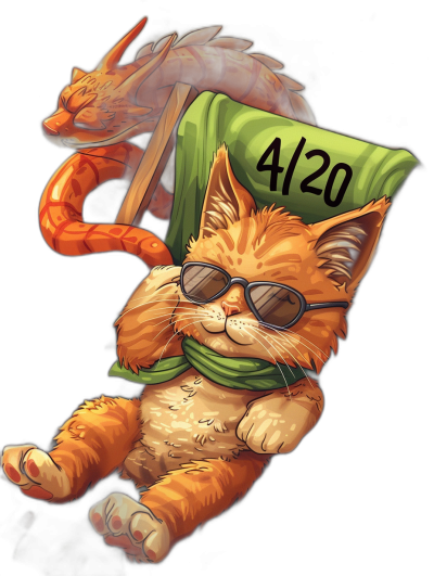 A cute orange cat wearing sunglasses and a green bandana, holding up an advertising banner with the text "420", being carried in the style of a red dragon in a cartoon style, vector art, black background, t-shirt design, no mockup.