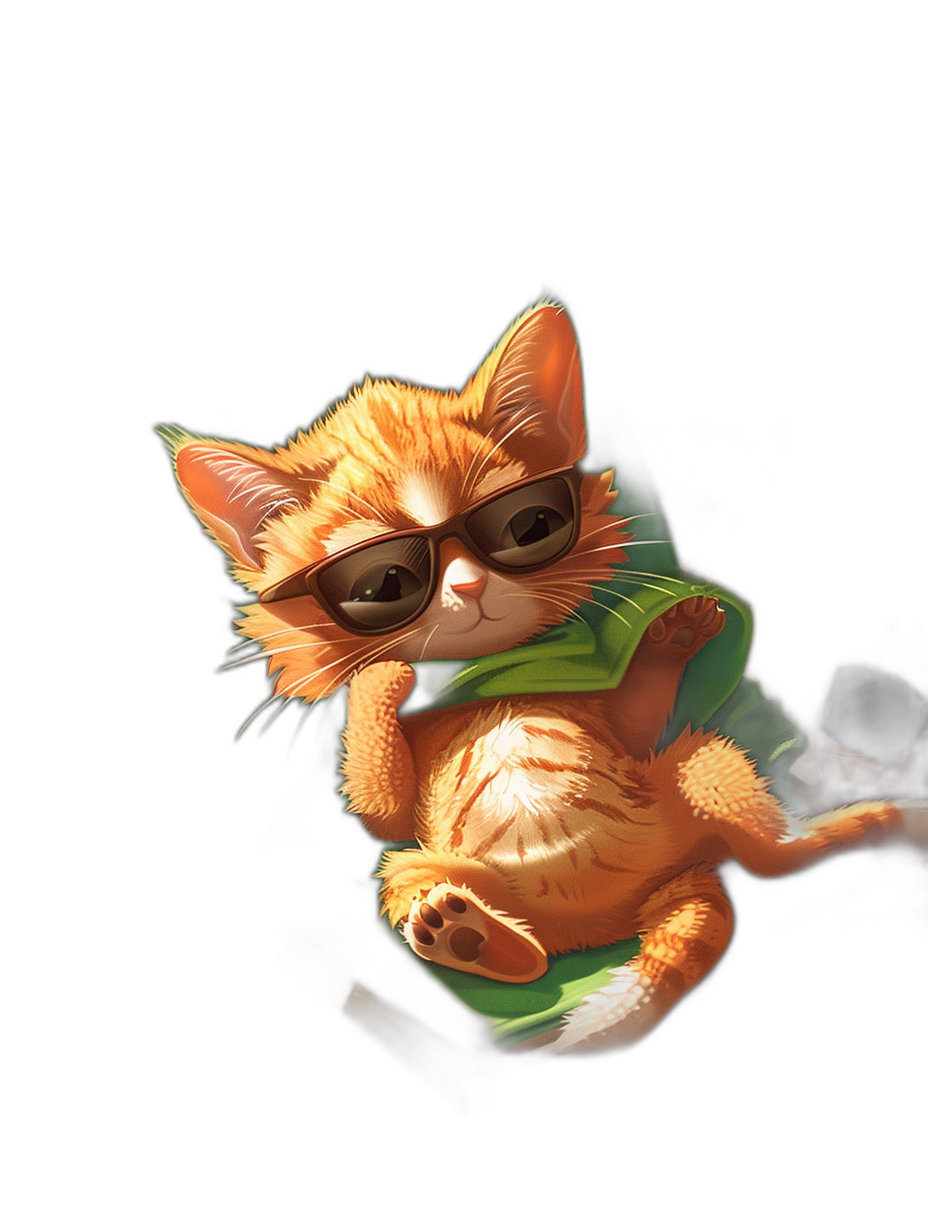 A cute cartoon of an orange cat wearing sunglasses and a green shirt sitting on a black background, with one leg hanging over the edge of its body in the style of chibi. Funny mobile wallpaper in a high resolution style.