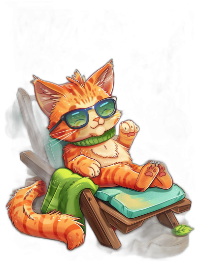 digital art of a cute and fat orange cat, wearing sunglasses with a green scarf, sitting on a deck chair wearing slippers against a black background, with a chill happy expression, in the style of [Loish](https://goo.gl/search?artist%20Loish).